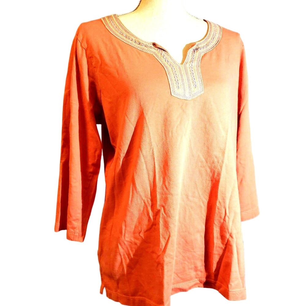 Serengeti Coral Knit Tunic Top Size L Embroidered Neckline Coastal Boho Hippie